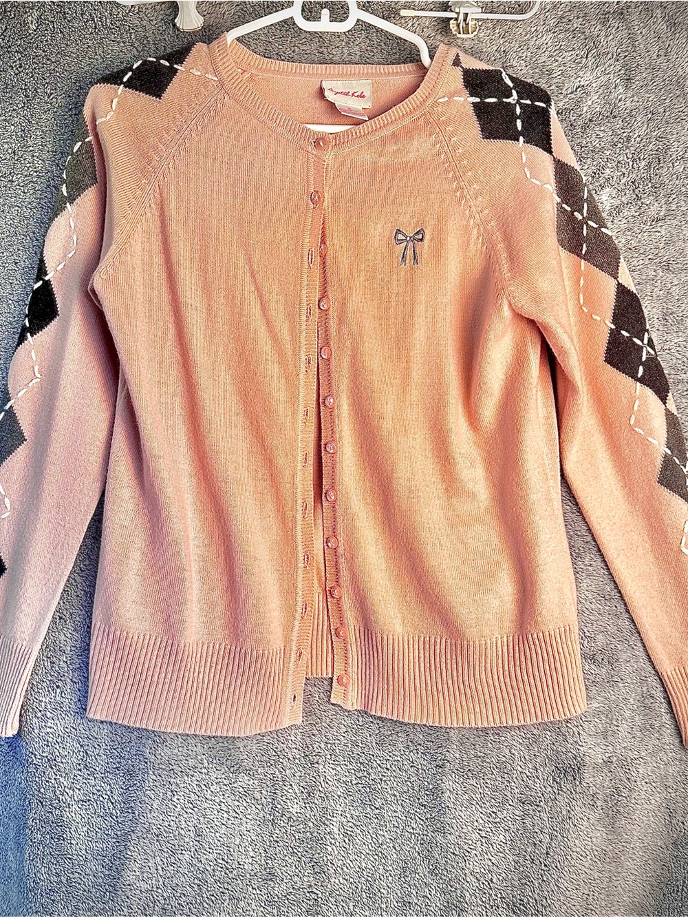 Vintage Crystal-Kobe light pink and black coquette Argyle cardigan size small.